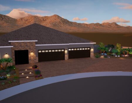 A 3 d image of a garage with mountains in the background.